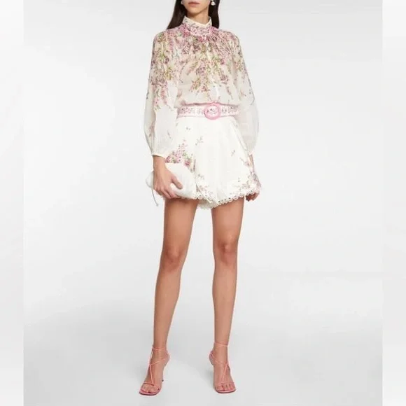 Zimmermann Jude Floral-Print Ramie Blouse Linen Tuck Shorts Set